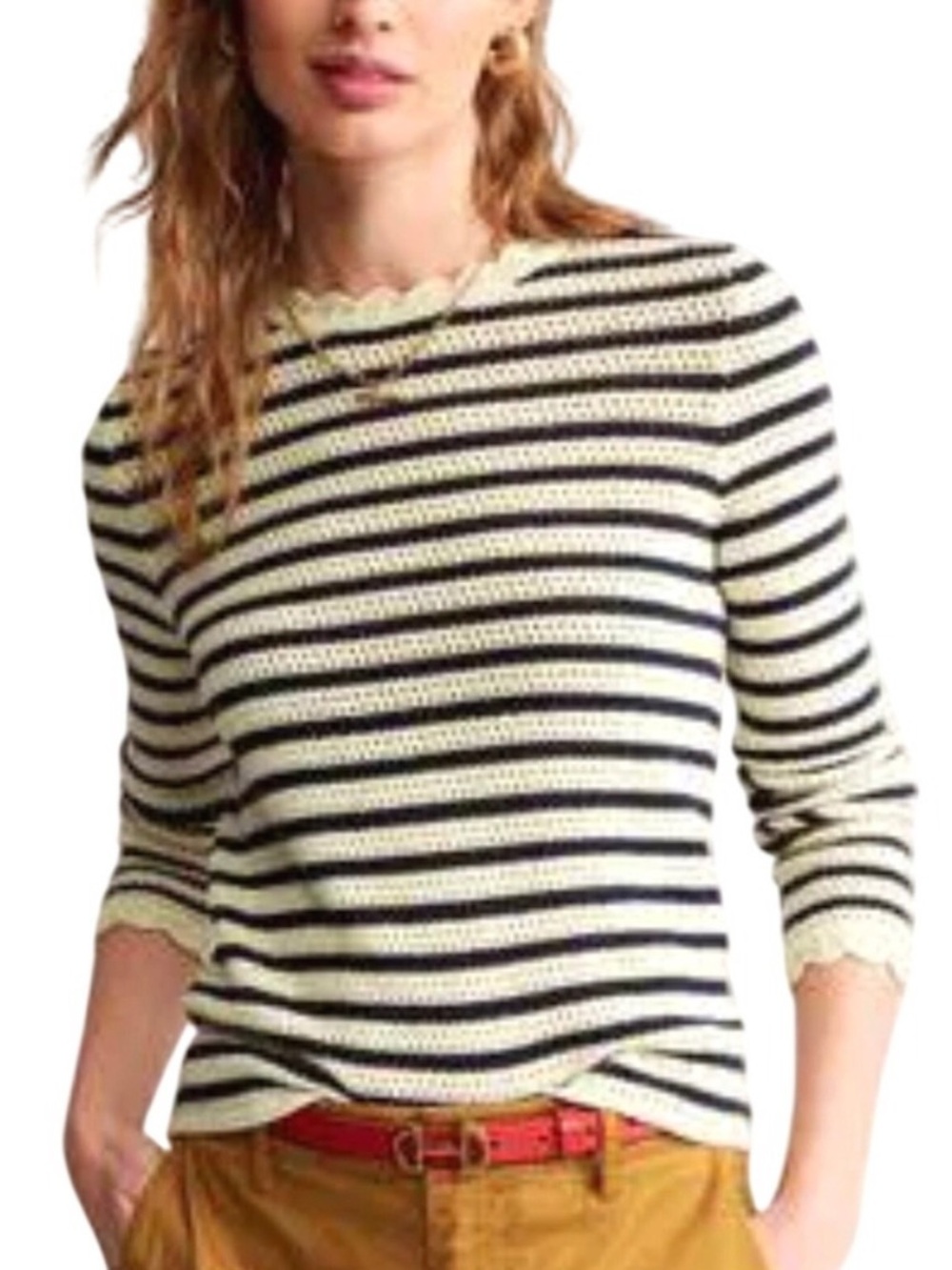Boden 100% Cotton Scallop Neck Crochet Navy Cream Long Sleeve Knit Sweater - Picture 3 of 17